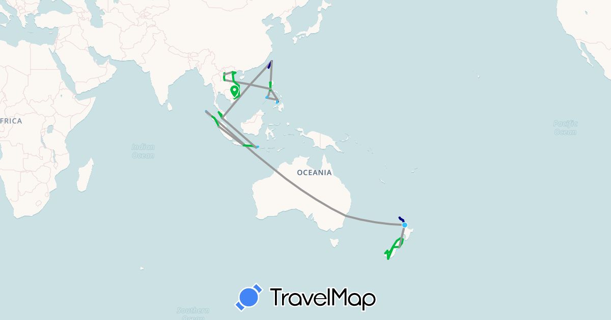 TravelMap itinerary: driving, bus, plane, train, hiking, boat, motorbike in Australia, Indonesia, Laos, Malaysia, New Zealand, Philippines, Taiwan, Vietnam (Asia, Oceania)